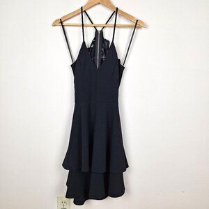 Gothcore Halter Party Dress, Size 5/6. Black Ruffle Layered Hem Lace Back y2k